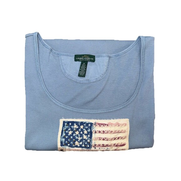 Ralph Lauren LRL 3X Blue Ribbed Cotton Tee Americana Flag Embroidered Top Plus - Picture 2 of 9